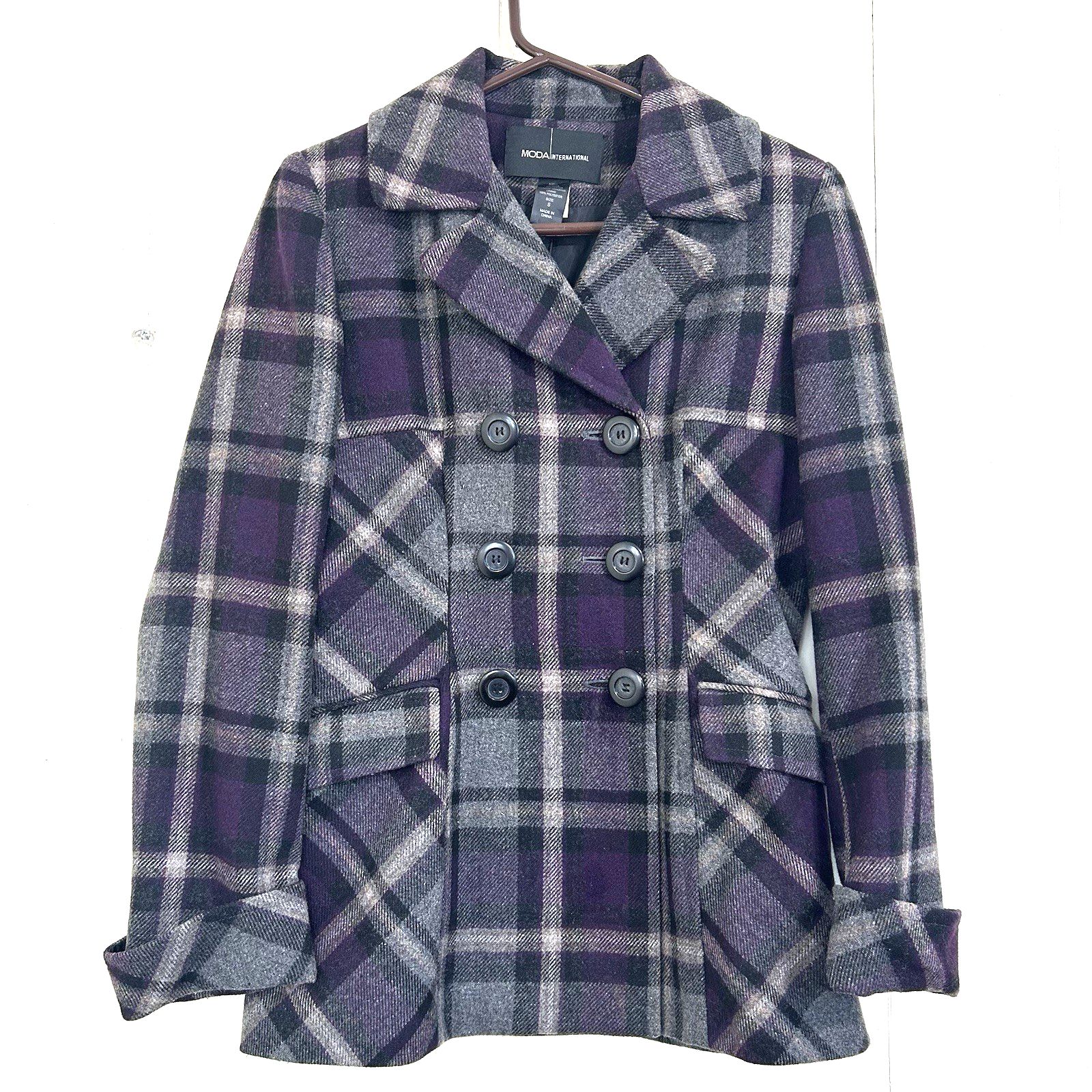 Moda International Women’s Blazer Size Small Plaid Purple Gray Wool Blazer
